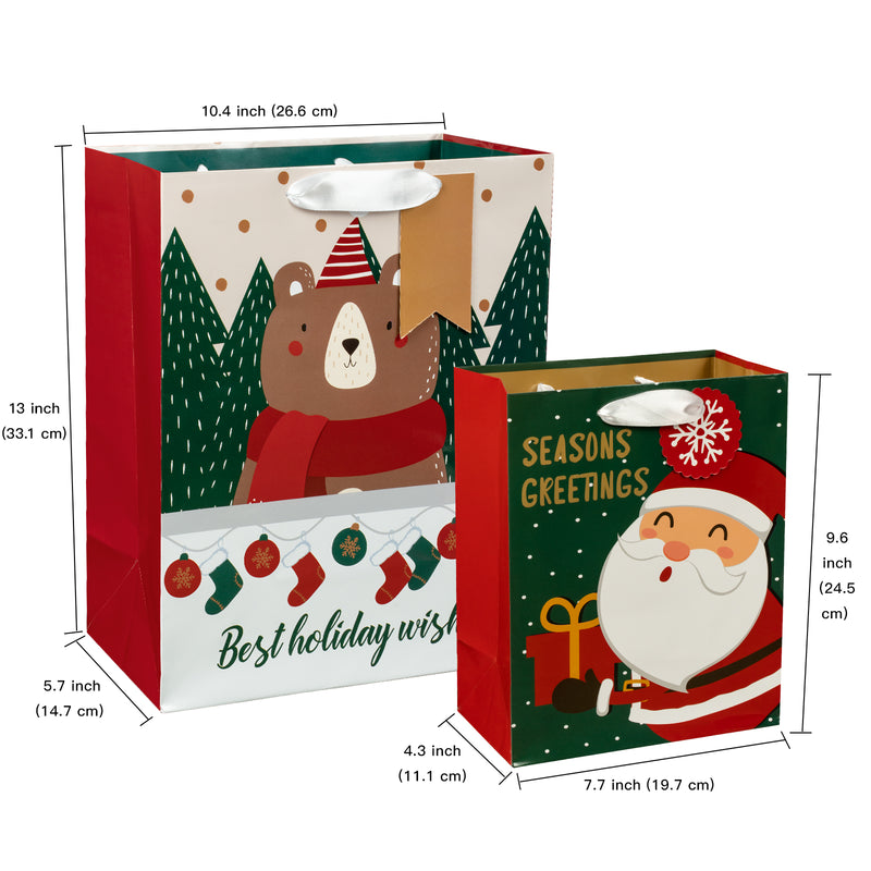 Assort Medium & Large Christmas Gift Bag Santa & Bear - 8 Pack