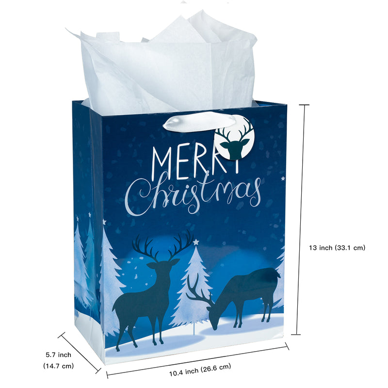 Assort Large Christmas Gift Bag Navy Blue Deer 3 Pack 10"x5"x13"