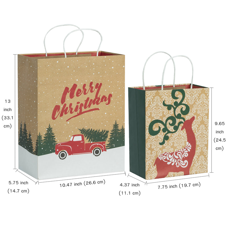 Assort Medium & Large Christmas Gift Bags - Christmas Trees/ Pine Trees/ Deer/ Red Cars - 8 Pack