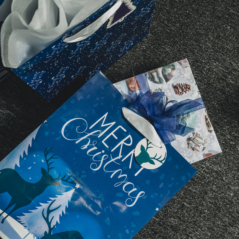 Assort Large Christmas Gift Bag Navy Blue Deer 3 Pack 10"x5"x13"