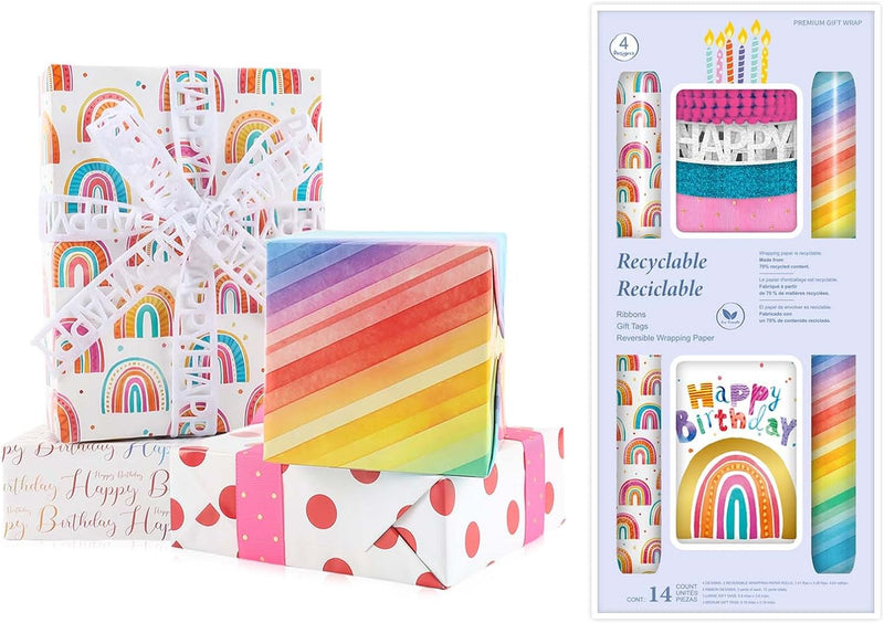 Birthday Wrapping Paper Roll Set with Decorative Ribbons, Greeting Cards - Gift Wrap for Kids, Birthday, Baby Shower