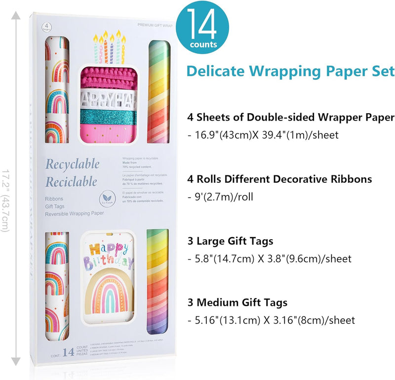 Birthday Wrapping Paper Roll Set with Decorative Ribbons, Greeting Cards - Gift Wrap for Kids, Birthday, Baby Shower