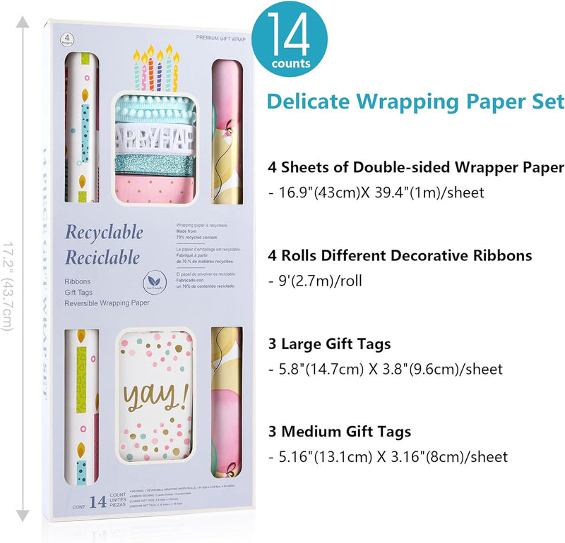 Birthday Wrapping Paper Roll Set with Decorative Ribbons, Greeting Cards - Gift Wrap for Kids, Birthday, Baby Shower