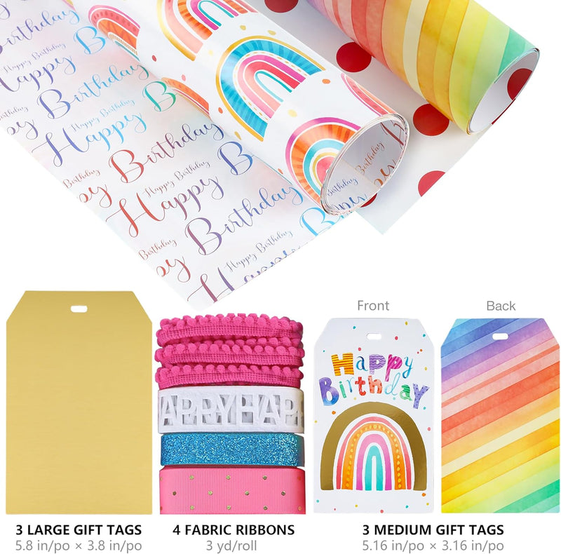 Birthday Wrapping Paper Roll Set with Decorative Ribbons, Greeting Cards - Gift Wrap for Kids, Birthday, Baby Shower