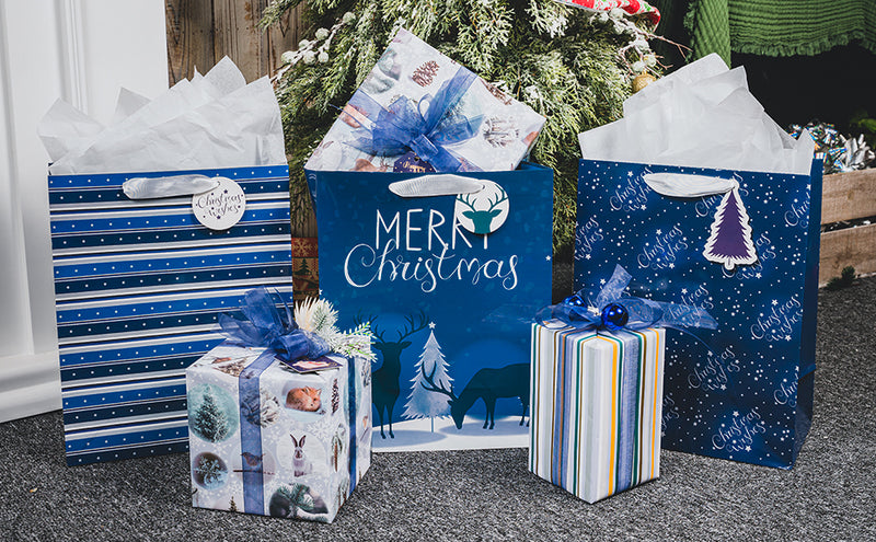 Assort Large Christmas Gift Bag Navy Blue Deer 3 Pack 10"x5"x13"