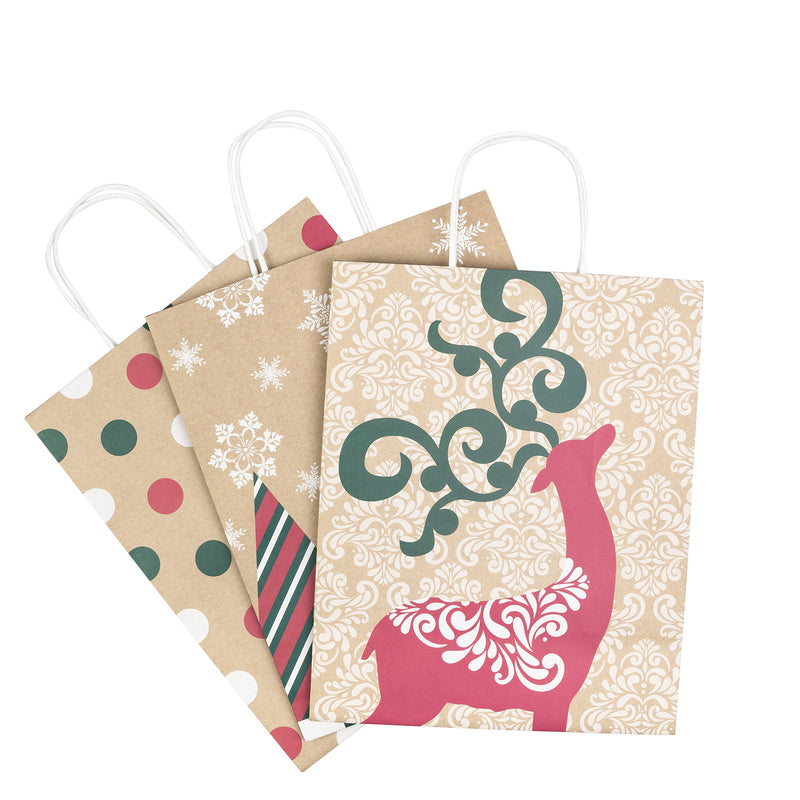 Assort Large Christmas Gift Bags - Elk/ Rudolph/ Christmas Tree - 3 Pack,10x5x13 inch