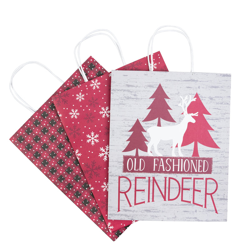 Assort Large Christmas Gift Bags - Snowflakes/ Plaid/ Pine Trees - 3 Pack,10x5x13 inch