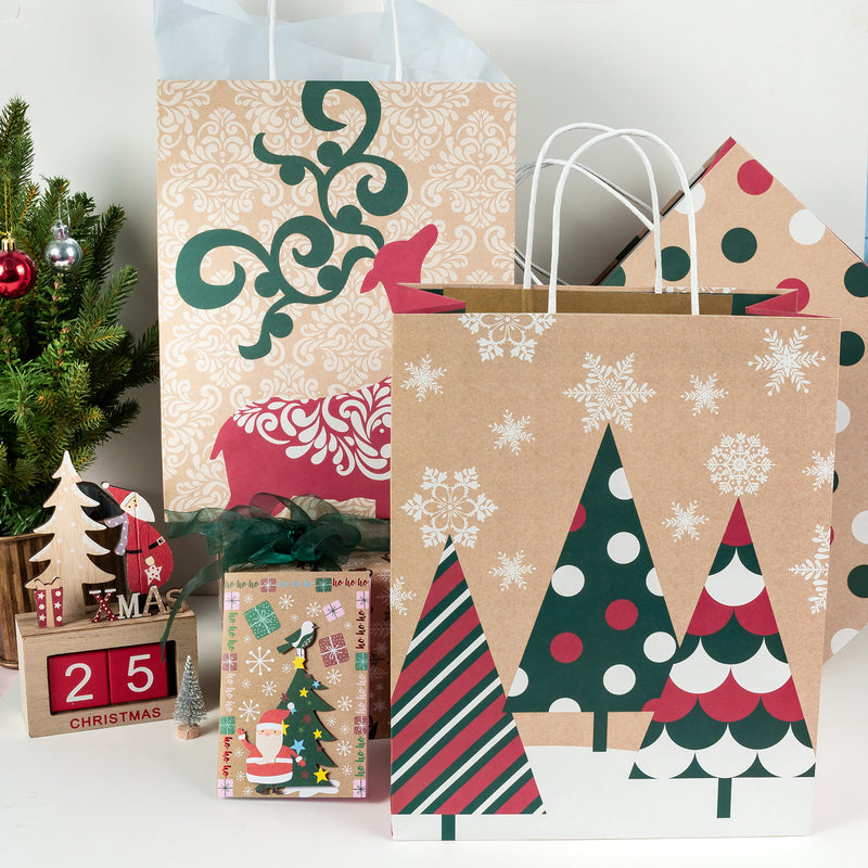 Assort Large Christmas Gift Bags - Elk/ Rudolph/ Christmas Tree - 3 Pack,10x5x13 inch