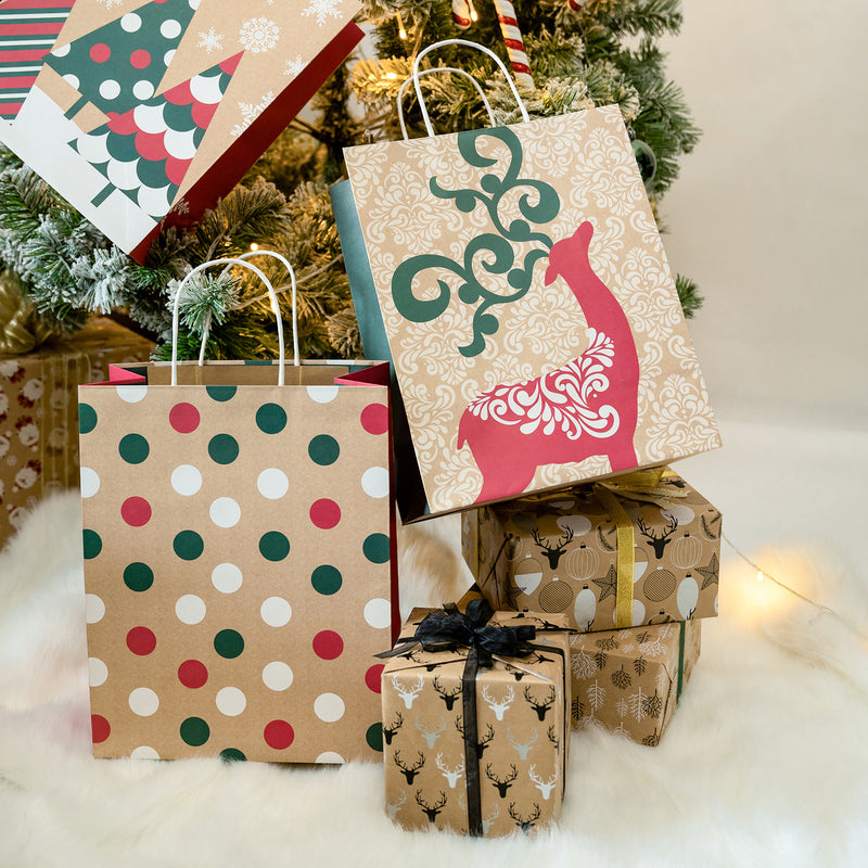 Assort Large Christmas Gift Bags - Elk/ Rudolph/ Christmas Tree - 3 Pack,10x5x13 inch