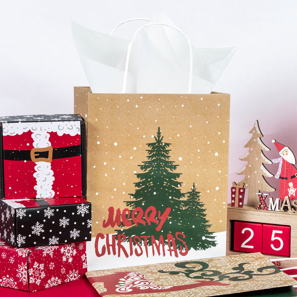 Assort Medium & Large Christmas Gift Bags - Christmas Trees/ Pine Trees/ Deer/ Red Cars - 8 Pack