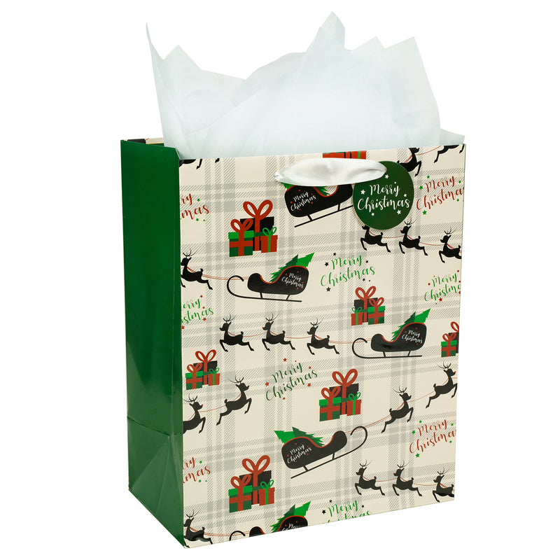 Assort Large Christmas Gift Bag Plaid 3 Pack 10x5x13 inch