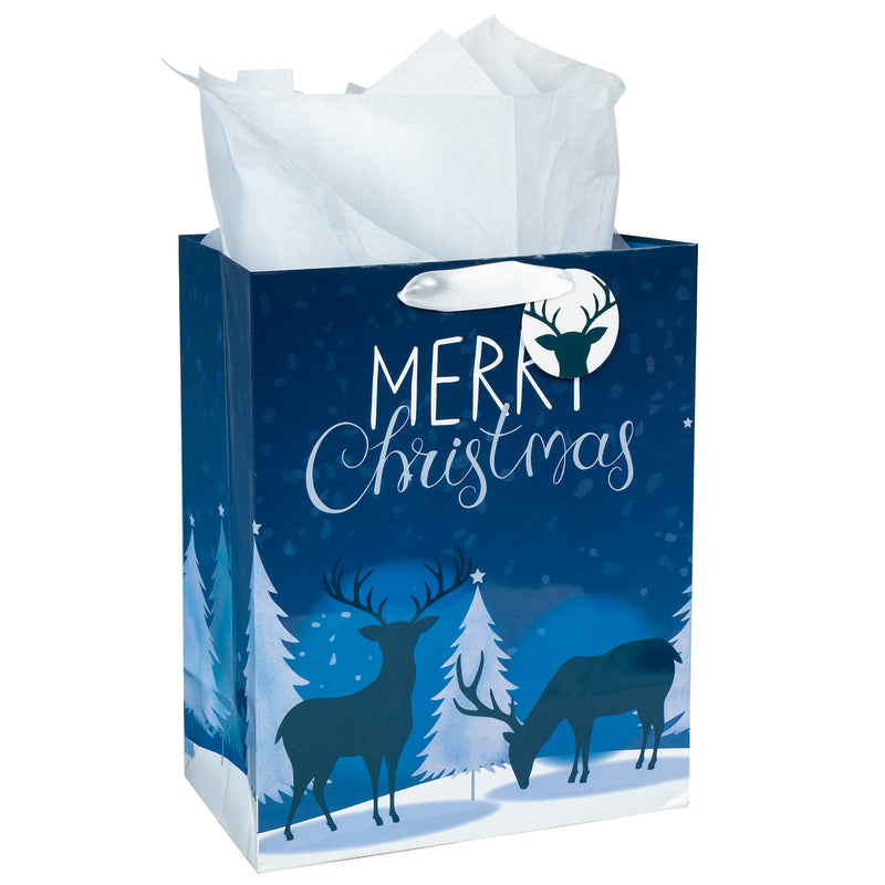 Assort Large Christmas Gift Bag Navy Blue Deer 3 Pack 10"x5"x13"