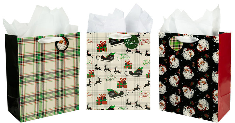 Assort Large Christmas Gift Bag Plaid 3 Pack 10x5x13 inch