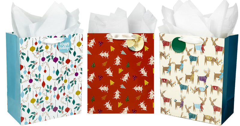 Assort Large Christmas Gift Bag Deer 3 Pack 10"x5"x13"