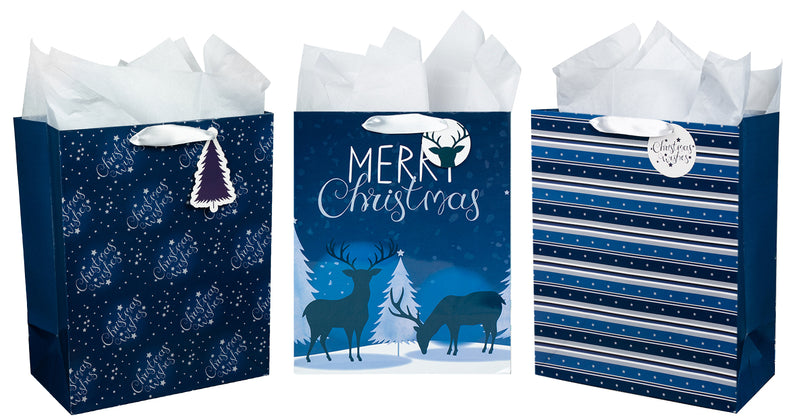 Assort Large Christmas Gift Bag Navy Blue Deer 3 Pack 10"x5"x13"