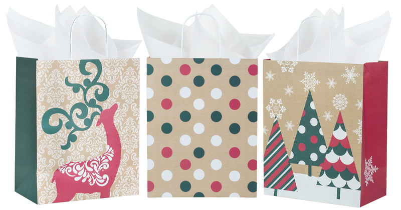 Assort Large Christmas Gift Bags - Elk/ Rudolph/ Christmas Tree - 3 Pack,10x5x13 inch