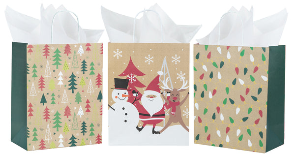 Assort Large Christmas Gift Bags - Santa Claus/ Pine Trees/ Colorful Lights - 3 Pack,10x5x13 inch