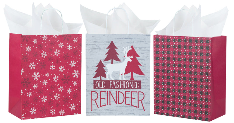 Assort Large Christmas Gift Bags - Snowflakes/ Plaid/ Pine Trees - 3 Pack,10x5x13 inch