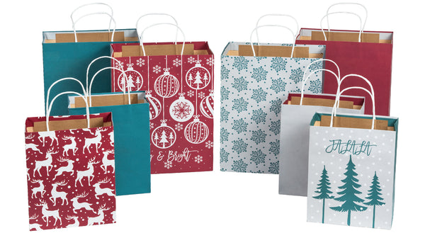 Assort Medium & Large Christmas Gift Bags - Christmas Trees/ Elk/ Decorative Balls - 8 Pack