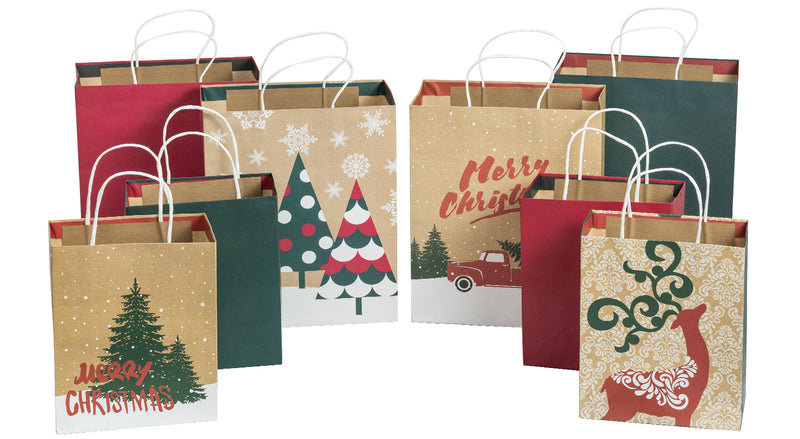 Assort Medium & Large Christmas Gift Bags - Christmas Trees/ Pine Trees/ Deer/ Red Cars - 8 Pack