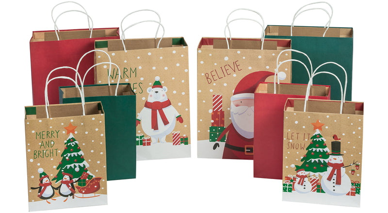 Assort Medium & Large Christmas Gift Bags - Snowman/Santa Claus/Christmas Tree - 8 Pack